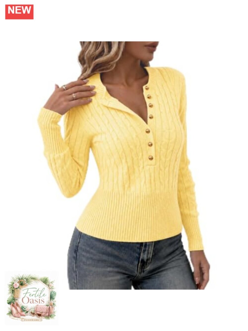 Women's Cable Knit Cropped Long Sleeve Pullover Sweater with Gold-Butto